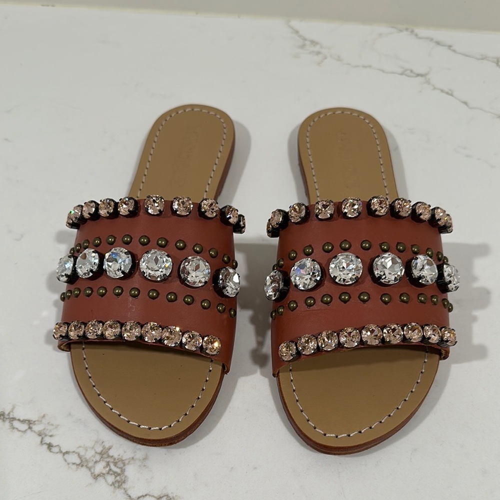 Mystique Leather Embellished Brown Slide Sandals